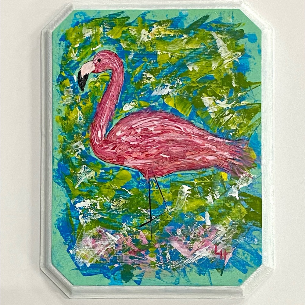 Original Hand Painted Impasto Acrylic Abstract Flamingo on Reclaimed Wood Plaque